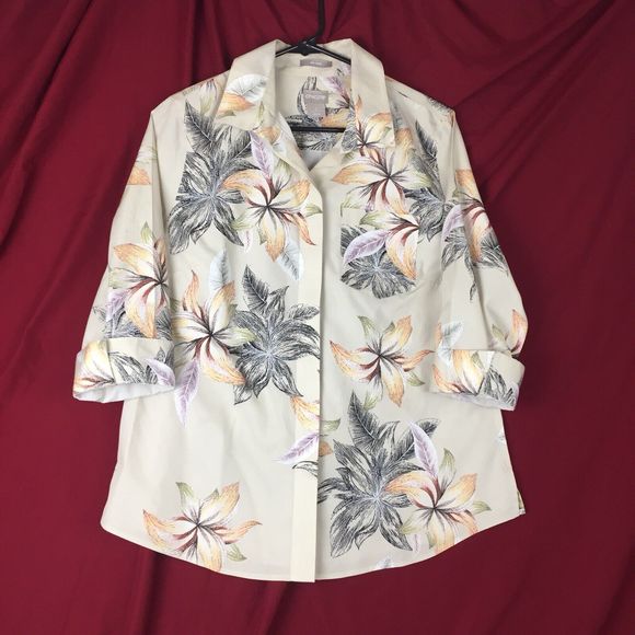 CHICO'S Women Mid Sleeve Beige Floral Button Up Collar Button Pocket Shirt 4/6 - Picture 1 of 12